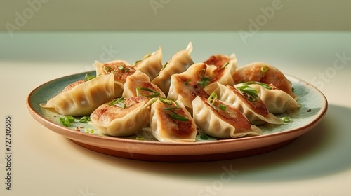 Traditional Jiaozi  gyoza or kyoza  a dish of Chinese as well as Japanese and Korean cuisine. Dumplings are laid out on a plate with sauce for serving in a cafe or restaurant. 