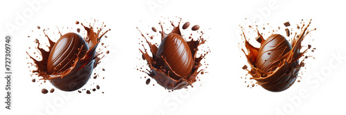 Collection Set of Chocolate easter egg splash in air, isolated over on transparent white background