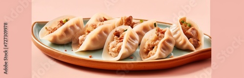 Traditional Jiaozi, gyoza or kyoza: a dish of Chinese as well as Japanese and Korean cuisine. Dumplings are laid out on a plate with sauce for serving in a cafe or restaurant.
