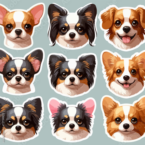 Set of Cute illustration of toy dog. Small breed dogs head stickers. Chihuahua, french Bulldog, Cavalier King Charles Spaniel, Welsh Corgi, Papillon dog portrait. 