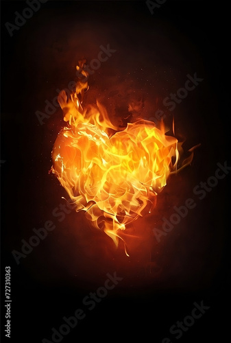 Heart shaped fire flame on black background