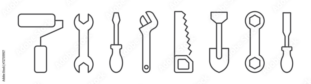 set of tools and Instrument line icon with editable stroke, Construction tool like screwdriver, saw, hammer, axe, ruler, wrench set of tools and Instrument line icon with editable stroke, Construction tool like screwdriver, saw, hammer, axe, ruler, wrench