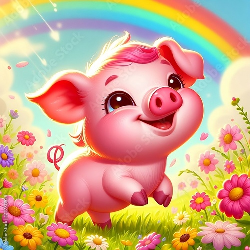 The pig has a big smile on its face, and there's a rainbow overhead, creating a joyful atmosphere