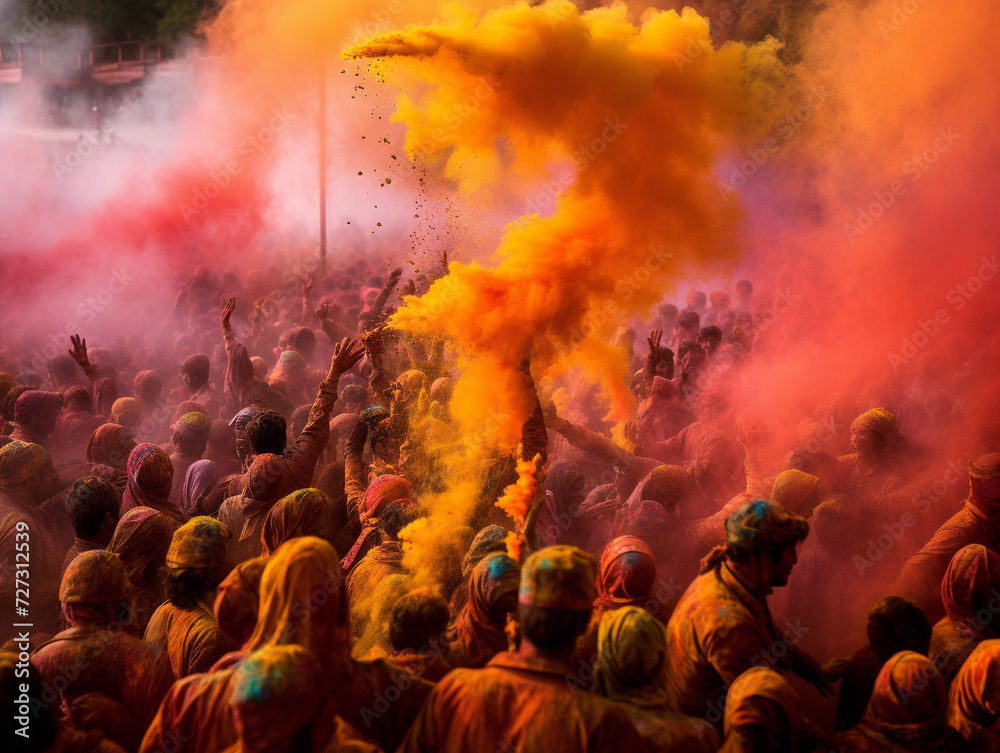 Fototapeta premium A lively scene of people celebrating the Holi Festival in India with vibrant and colorful colors.
