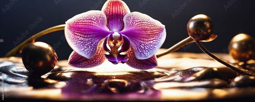 Fototapeta premium purple orchid with white spots on a gold plate with rocks