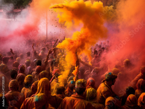 A lively scene of people celebrating the Holi Festival in India with vibrant and colorful colors.