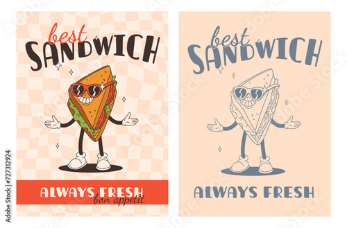 Set of fast food posters. Retro groovy cards with street food characters. Brochure with funky groovy burger, french fries, soda, ice cream, donut, pie, coffee to go, sandwich. Fast food delivery