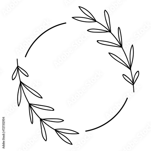 circle frame with black vector line art leaf decoration