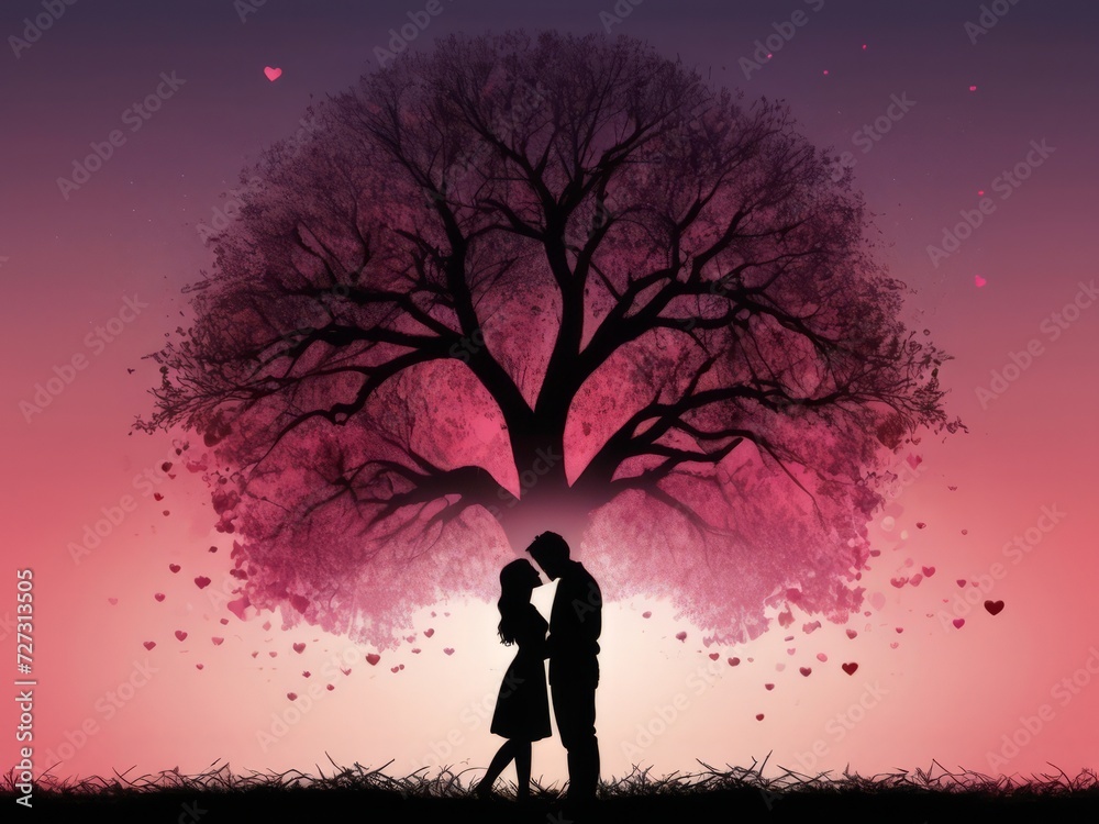 Silhouette of a loving couple on valentine day background Silhouette of a loving couple on valentine day background