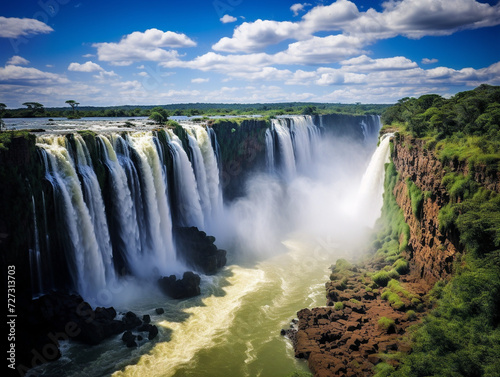 A breathtaking view of the magnificent Iguazu Falls marking the border of Brazil and Argentina.