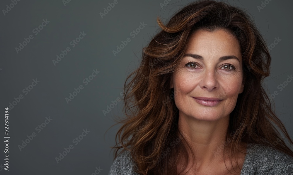 Middle aged woman wearing casual standing against neutral gray background and looking at camera