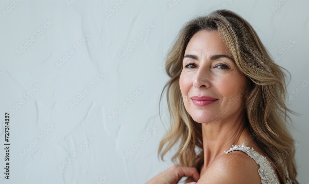 Middle aged woman wearing casual standing against neutral gray background and looking at camera Middle aged woman wearing casual standing against neutral gray background and looking at camera