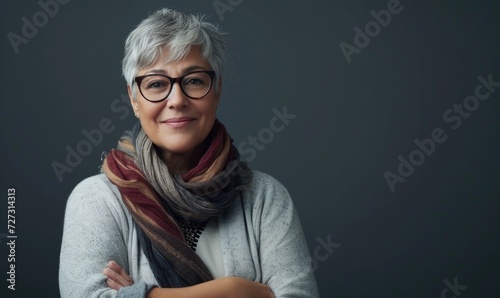 Middle aged woman wearing casual standing against neutral gray background and looking at camera
