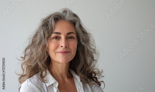 Middle aged woman wearing casual standing against neutral gray background and looking at camera