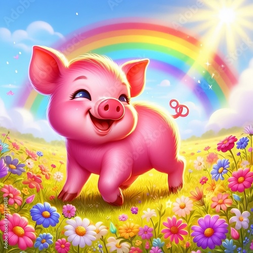 The pig has a big smile on its face, and there's a rainbow overhead, creating a joyful atmosphere