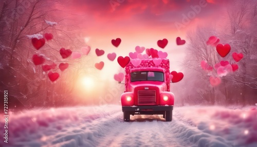 Vintage truck in magical valentine's day scene