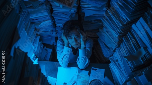 Top view dimly lit office, a weary employee slumps over their desk, surrounded by stacks of paperwork, Overwork overtime concept