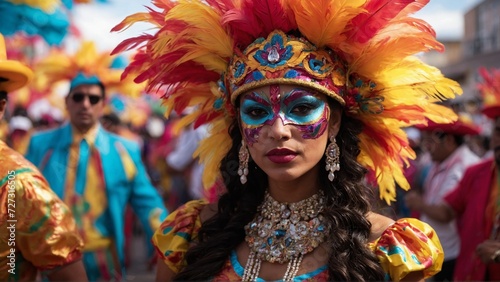 Latin woman dressed up with feathers and colors at a carnival celebration with many people surrounding her