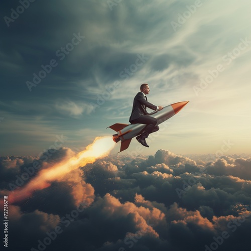 Businessman fly high with a rocket. concept of success and startup. Generative AI photo