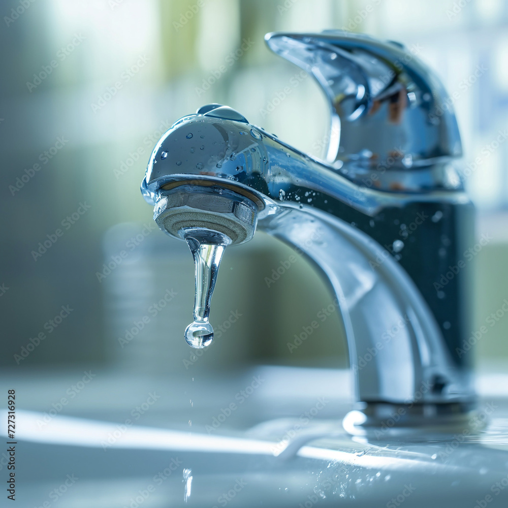 Water Conservation Concept: Dripping Faucet with Single Drop of Water, Focus on Sustainable Resources Water Conservation Concept: Dripping Faucet with Single Drop of Water, Focus on Sustainable Resources