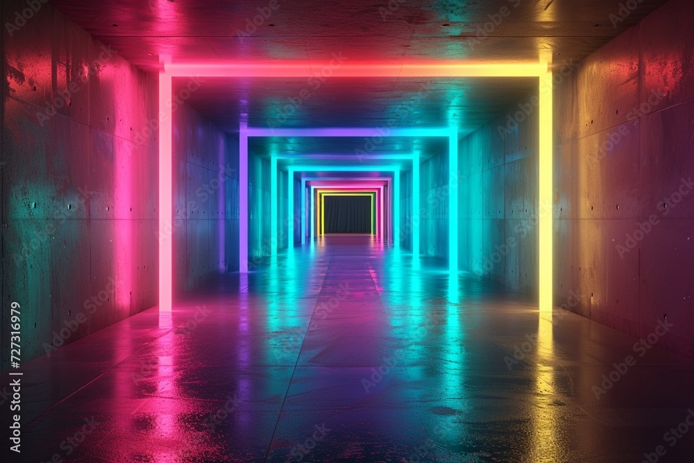 a sleek futuristic tunnel illuminated with smooth gradient rainbow lights