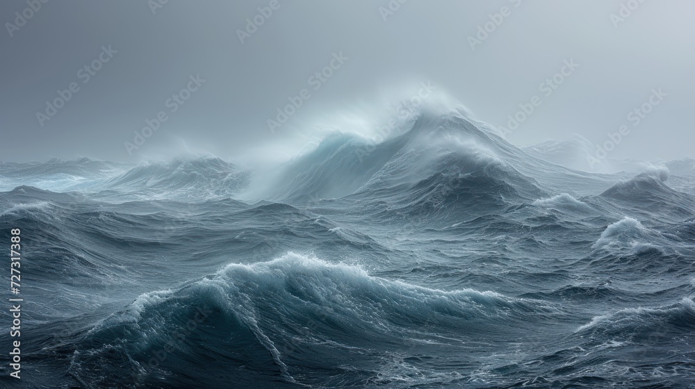 High westerly winds whip across the turbulent waters, giving rise to colossal waves. The powerful forces of nature sculpt the sea into a tempest.