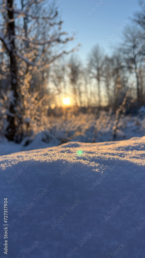 Obraz premium winter in the village, sunset in the snow