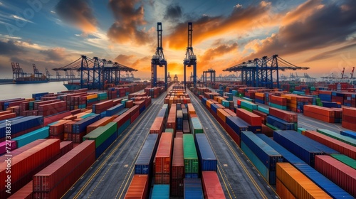 An industrial port buzzes with activity as rows of shipping containers stand in precise alignment. Towering cranes loom in the background.