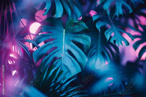 a surreal jungle scene where monstera leaves glow with an ethereal light