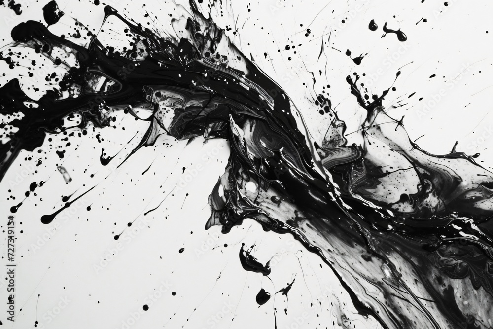 Fototapeta premium Dynamic black ink splash on white background. Abstract monochrome artwork. Modern design for backdrop, poster, banner. Creative and trendy concept