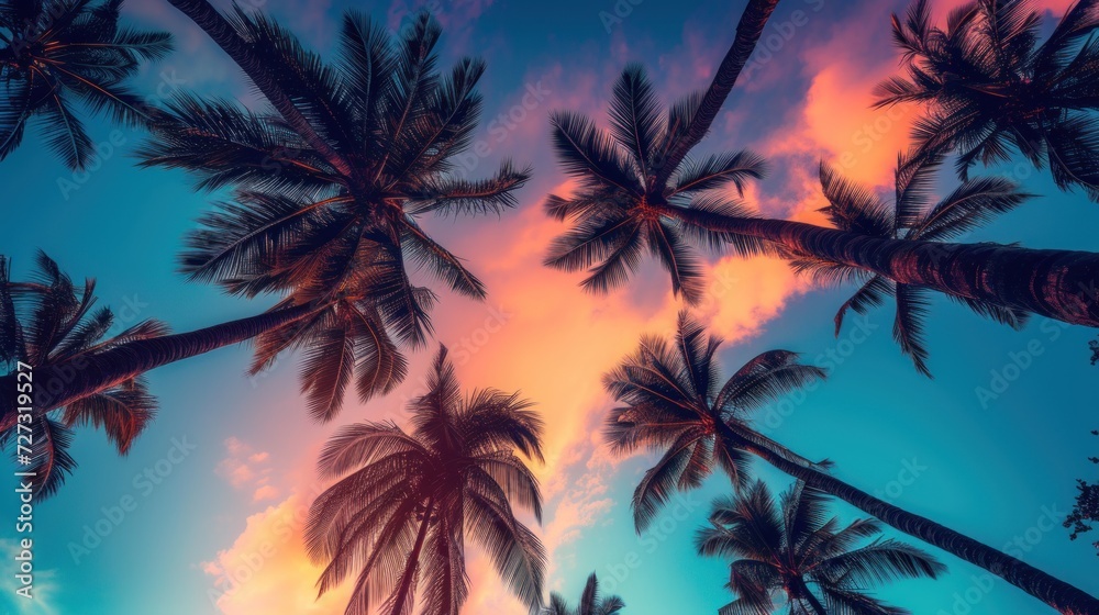 A low-angle view captures the silhouette of palm trees gracefully swaying against a vibrant sky. A low-angle view captures the silhouette of palm trees gracefully swaying against a vibrant sky. 