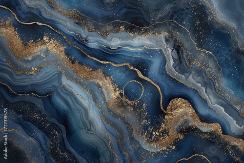 an intricate abstract art piece with deep blue and gold geode patterns