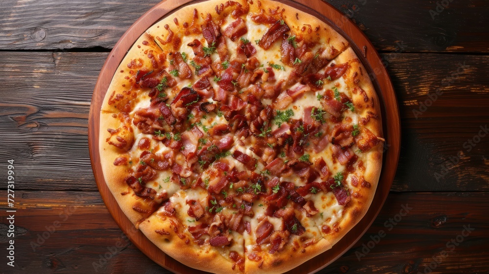 Bacon pizza, artfully presented on a pizza board. 