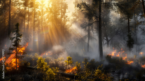 Forest is burning and got destroyed and smoke over forest . Wildfire natural disaster © Piyaporn