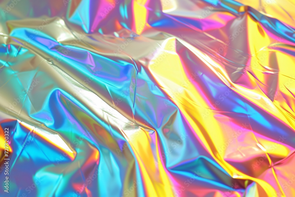 Crinkled holographic material abstract background. Silk or satin. Synthwave, retrowave, vaporwave aesthetics. Retro style, webpunk, retrofuturism concept. 90s and 2000s era. 