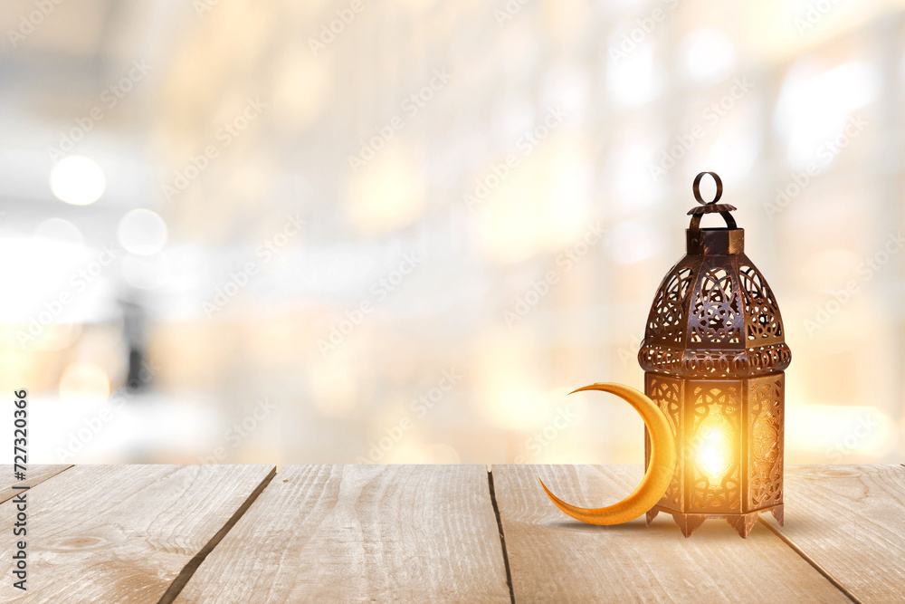 Ornamental Arabic lantern with burning candle glowing . Festive greeting card, invitation for Muslim holy month Ramadan Kareem. Ramadan Kareem greeting photo with serene mosque background.
 - obrazy, fototapety, plakaty 