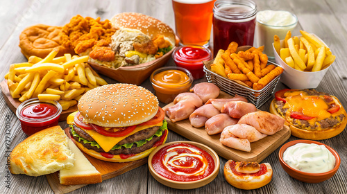 variety of fast food items including a cheeseburger, fries, fried chicken, sauces, cheese bread, and drinks on a wooden surface © weerasak