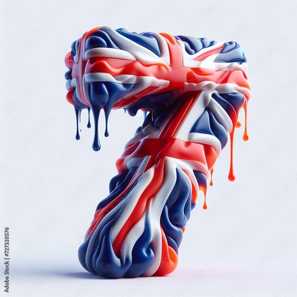 Fototapeta premium Glasss digit 7 in color of United Kingdom flag. AI generated illustration