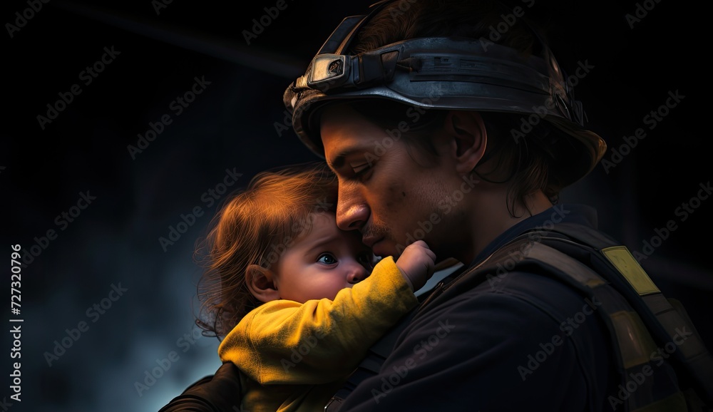 A heroic fireman bravely holding a baby while rushing out of a burning house, epitomizing courage and compassion in the face of danger.