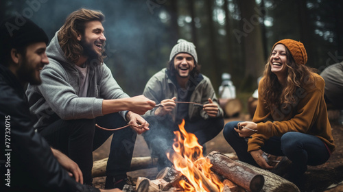 Joyous group of millennials laughing and bonding around a campfire, embodying friendship and fun during a wilderness camping adventure 