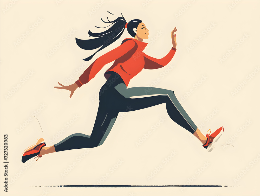 Dynamic Woman in Motion Illustration - Fast Running Female Athlete Concept with Fashionable Sportswear, Black Ponytail, Red Top, Black Leggings, Orange Sneakers - Speed, Agility, Active Lifestyle Them