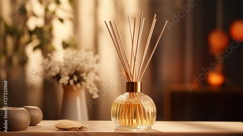 luxury aroma scented reed diffuser crystal bottle is used as room freshener and decoration items on brown wooden table in the relaxing ambient 