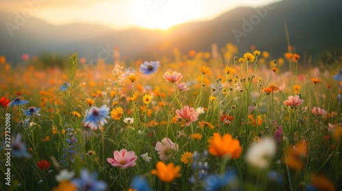 A vibrant meadow of wildflowers, a tapestry of nature's hues, bathed in the gentle sun.