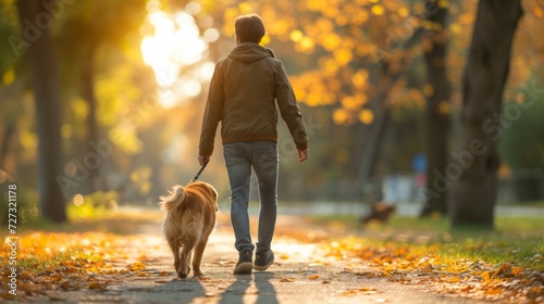 A young handsome man is walking with his dog in the park.