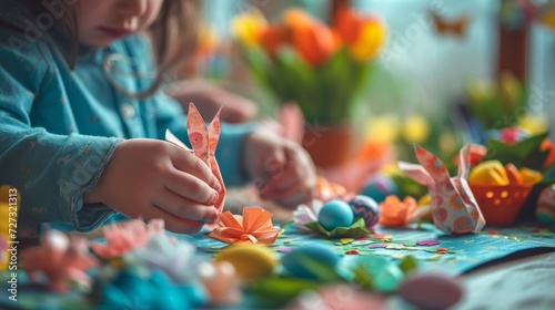 Children crafting intricate paper bunnies, infusing the house with Easter charm.