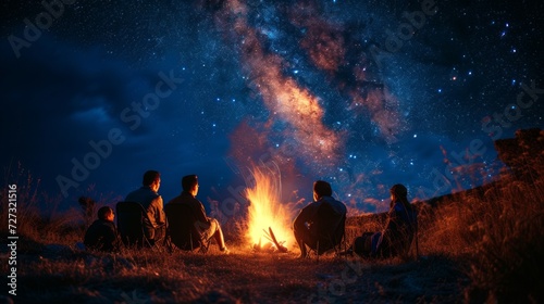 Campfire stories under a starry sky, faces illuminated by the warm glow of crackling flames © olegganko