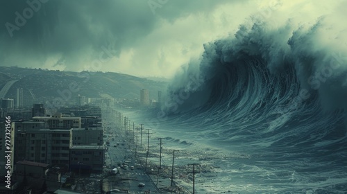 An enormous tsunami wave crashes onto a coastal city, causing widespread destruction.