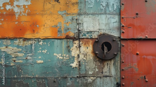 An abstract representation of urban decay, featuring rusty metal, chipped paint, and fragmented surfaces.