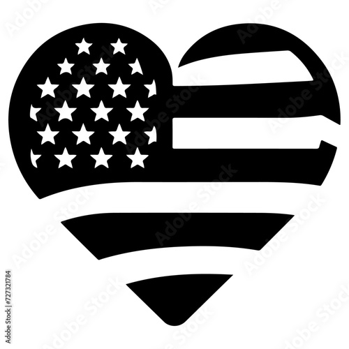 minimal heart shape with us flag vector logo icon, flat symbol, black color silhouette