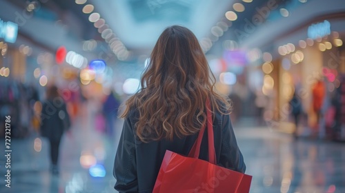A young girl with a red shopping bag walks through a shopping center